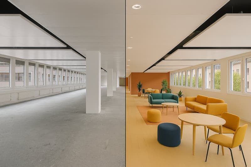 Links: Rohbau / Rechts: Visualisierung ausgebaute Fläche mit Möbel