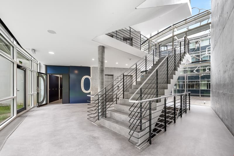 modern building, metal handrails, concrete floors, glass walls