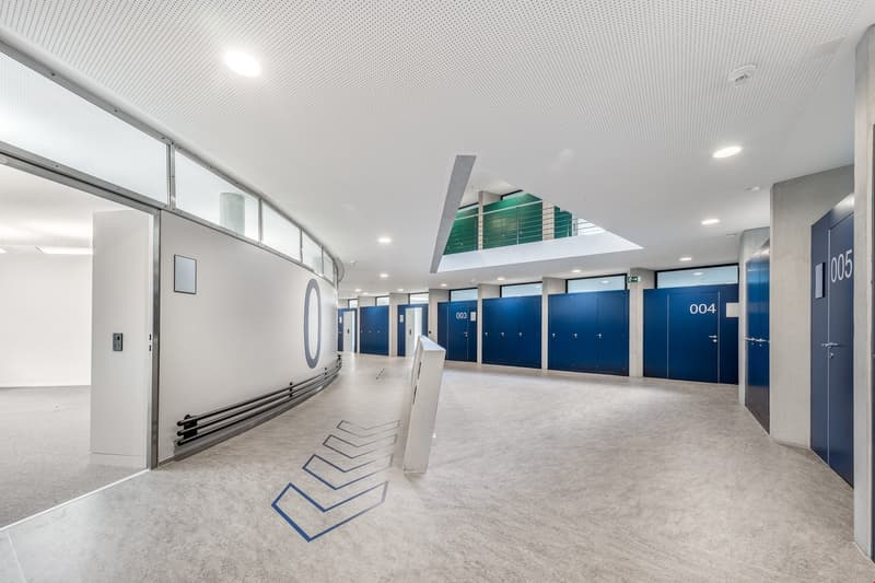 Empty storage area with blue lockers, open door on the left side, white floor, blue markings