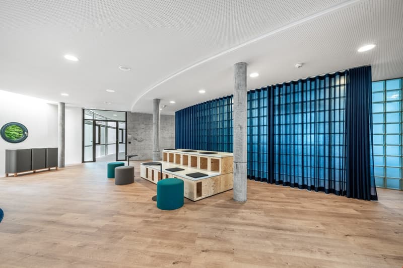 modern interior with wooden flooring, blue curtains, concrete walls, glass doors, stools, gray cabinets