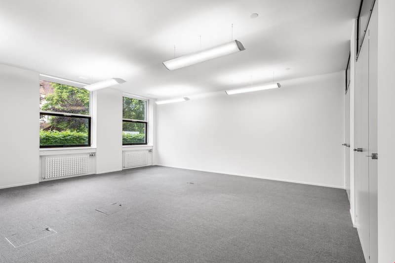 Empty room with two windows, white walls, grey carpet, ceiling lights, white radiators, sliding door