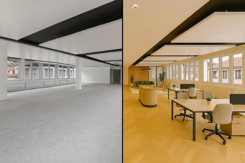 Empty office space with large windows, wooden floors, and modern furnishings