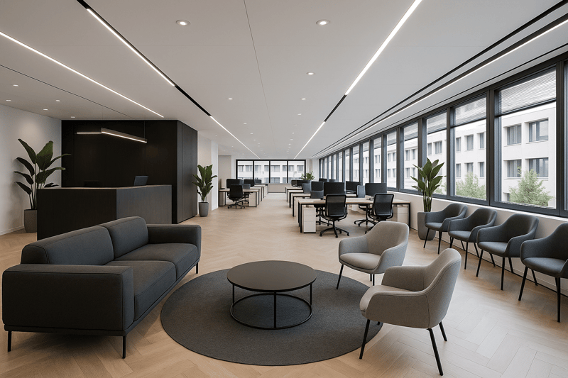 modern office with wooden floor, large windows, black furniture, round table, gray chairs, plants