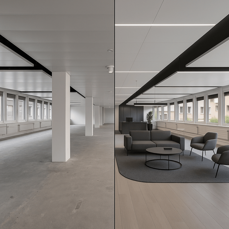 Empty office space with concrete floor, white walls, large windows, and modern ceiling design.