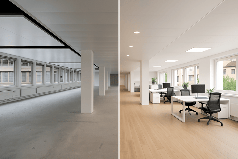 Office space with large windows, wooden floors, white walls, office desks, and chairs.