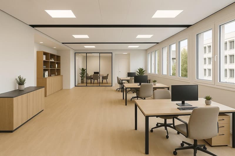 modern office space, wooden desks, chairs, monitors, shelves, large windows, plants