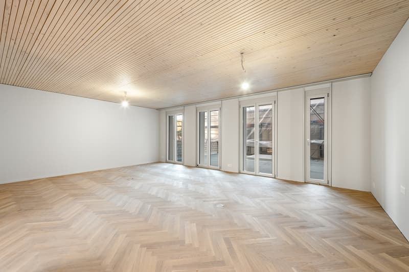 empty room, wooden parquet floor, white walls, wooden ceiling, glass doors, balcony