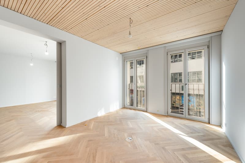 empty room, wooden floor, white walls, glass doors, wooden ceiling