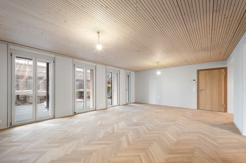 empty room, wooden parquet floor, wooden ceiling, sliding glass doors, wooden door