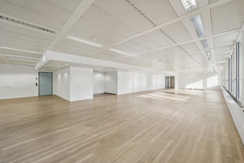 Large empty room with wooden floors, white walls, and high ceilings. Multiple doors and windows. Central corridor.