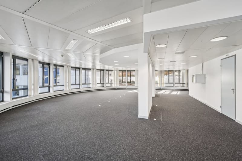 empty room, grey carpet, white walls, circular ceiling, large windows, recessed lighting