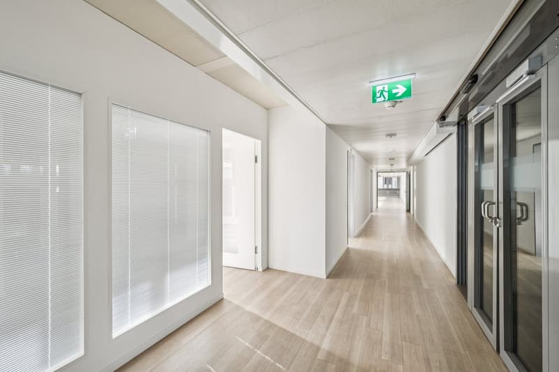 modern design, wooden floor, glass doors, white walls, white blinds, emergency exit sign
