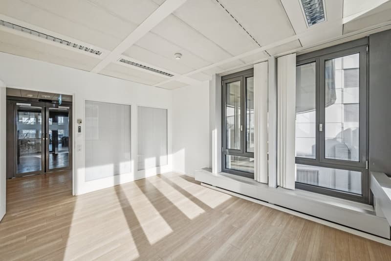 wooden floor, white walls, glass windows, large entrance door, bright lighting