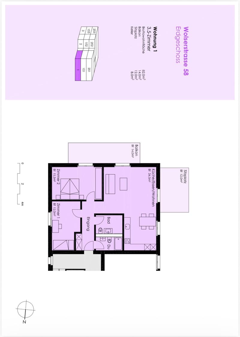 3.5 Zimmerwohnungim EG mit 82m2, Balkon 14 m2 Sitzplatz 12 m2, Richtung Süden (3)