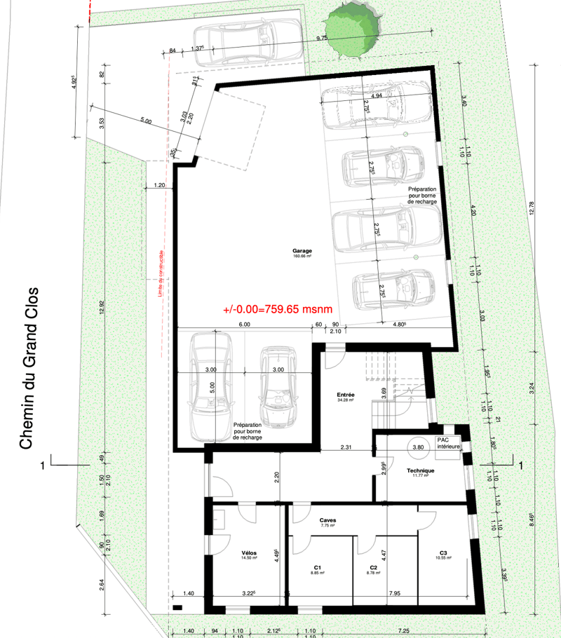 entrance, garage, preparation for electric vehicle charging, parking spaces, living room, kitchen, 2 bedrooms, technical room, cellars, cellar, and 2 bathrooms