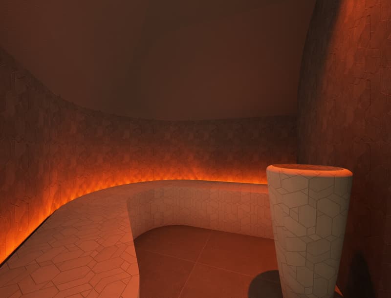 Visualisierung des Wellnessbereichs. Die Renderings dienen ausschliesslich der Veranschaulichung und Inspiration. Sie stellen weder eine finale Planung noch eine verbindliche Zusicherung oder Garantie für die spätere Ausführung dar.