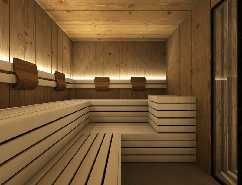 Visualisierung des Wellnessbereichs. Die Renderings dienen ausschliesslich der Veranschaulichung und Inspiration. Sie stellen weder eine finale Planung noch eine verbindliche Zusicherung oder Garantie für die spätere Ausführung dar.