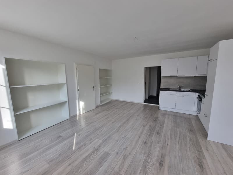 empty room, white walls, gray floors, white cabinets, modern kitchen with sink and oven