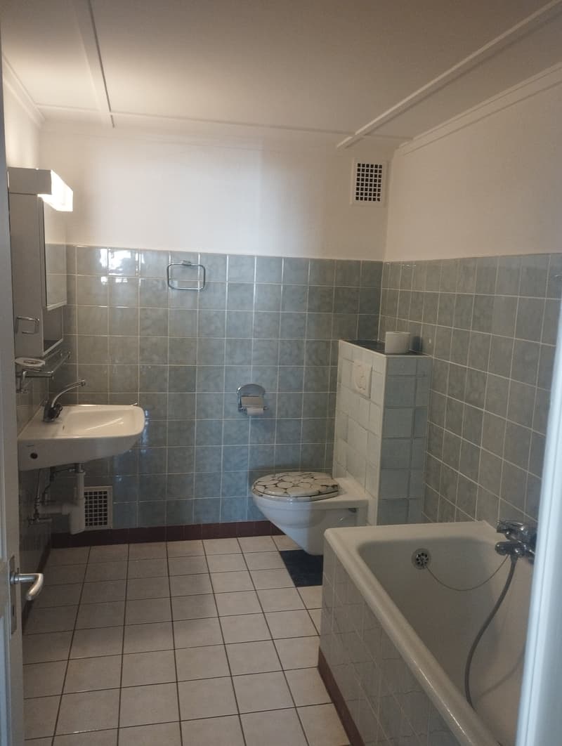 Tiled bathroom with a sink, toilet, and bathtub. The walls are covered in gray and white tiles, and the floor is also tiled.