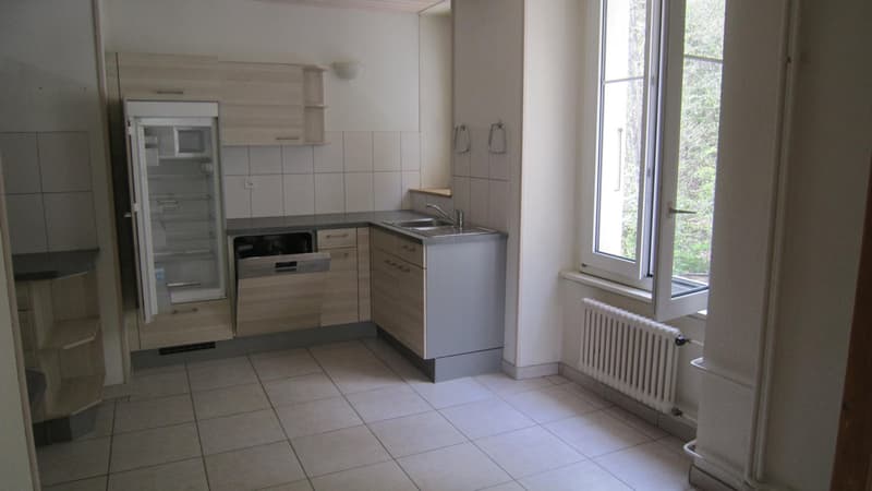 wooden cabinets, stainless steel countertop, open refrigerator, sink, oven/microwave, dishwasher, large window