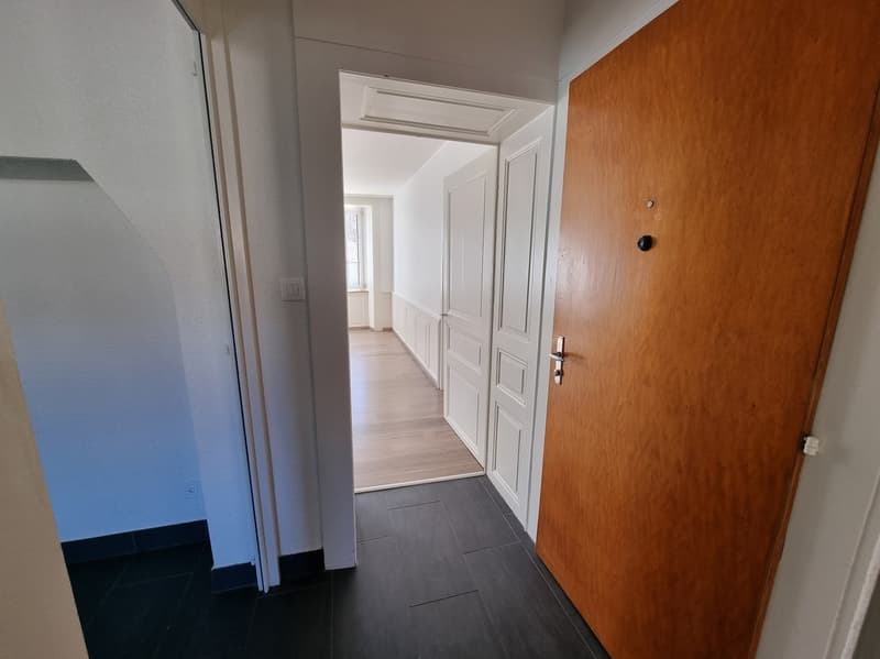 Empty corridor with wooden floor, white walls, white doors.