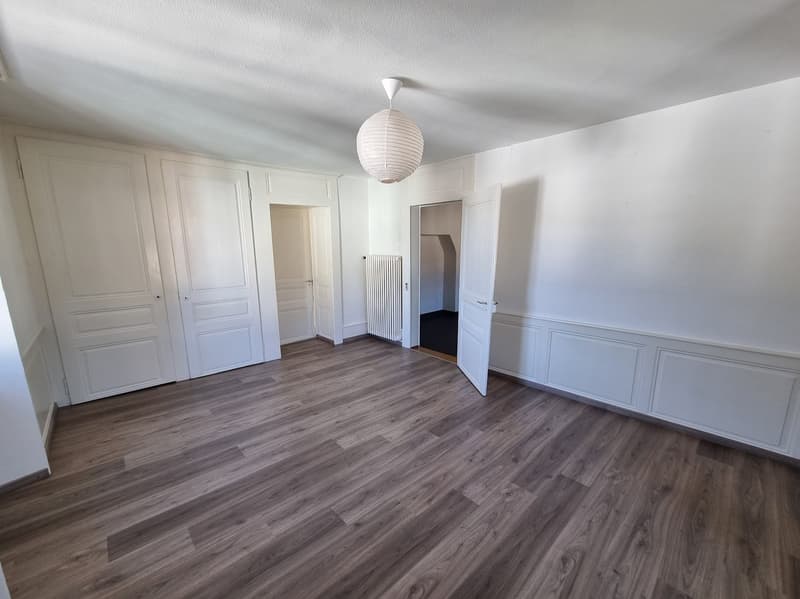empty room, wooden floor, white walls, white doors, central ceiling lamp, radiator