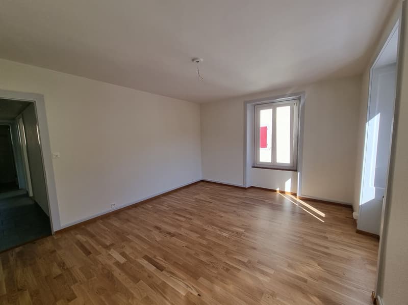 Empty room with wooden floor, white walls, and a window with red shutters.
