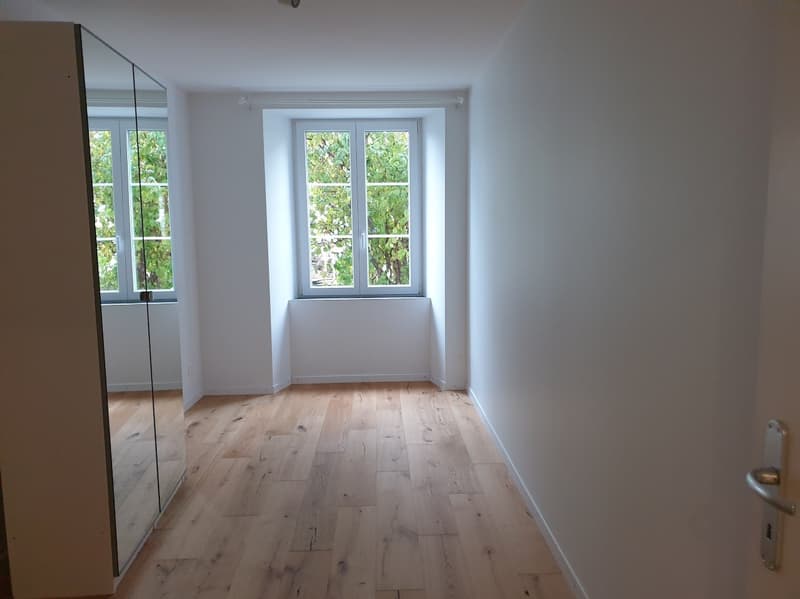empty room, wooden floor, white walls, two windows, mirror
