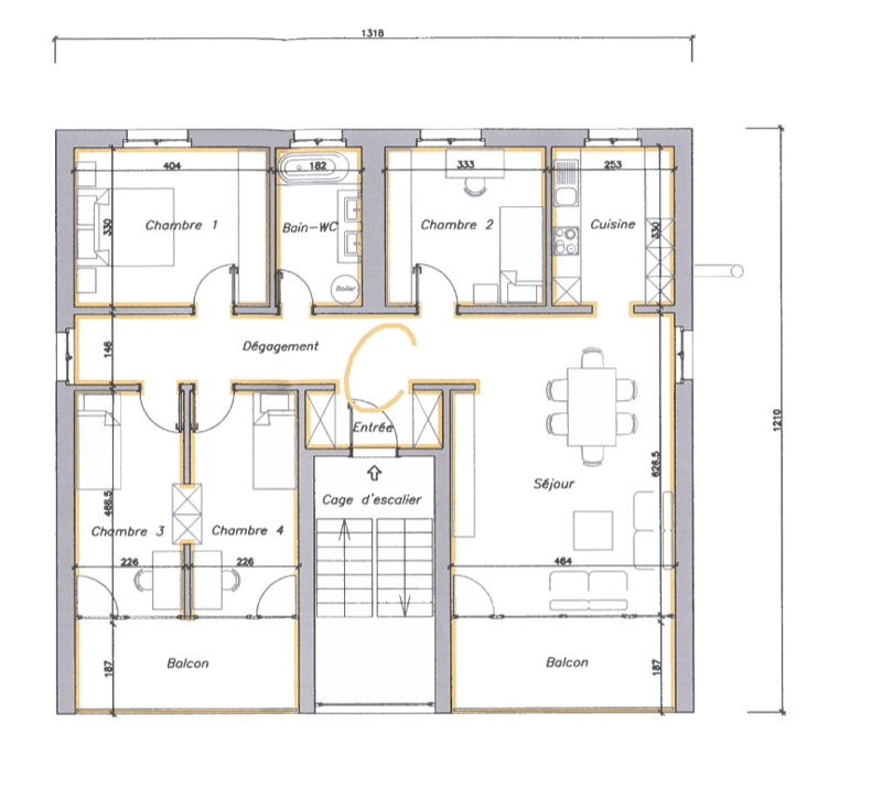 4 bedrooms, 2 bathrooms, living room, kitchen, entrance, stairwell, 2 balconies