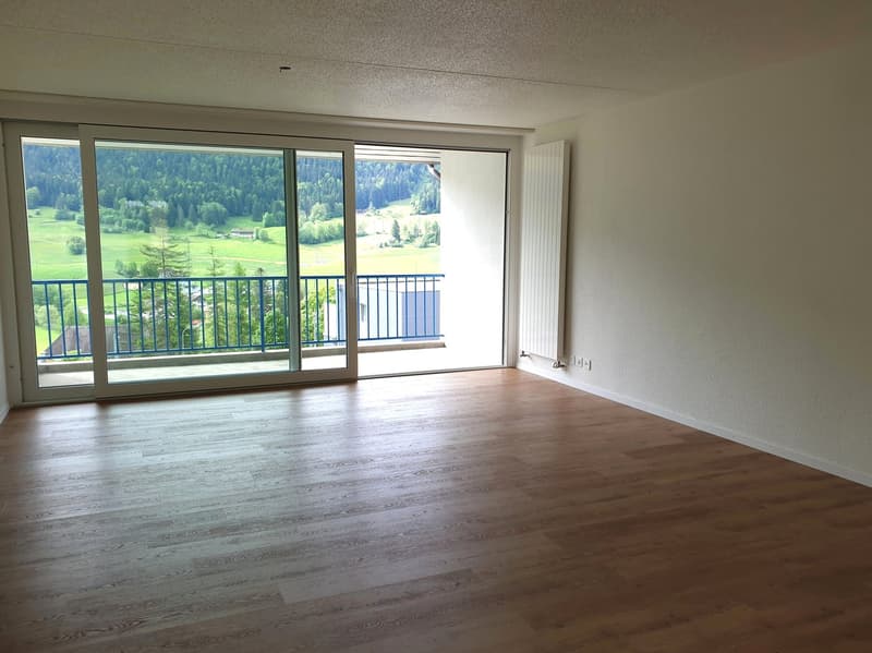 empty room, wooden floor, sliding glass doors, balcony, white walls, white radiator, power outlet