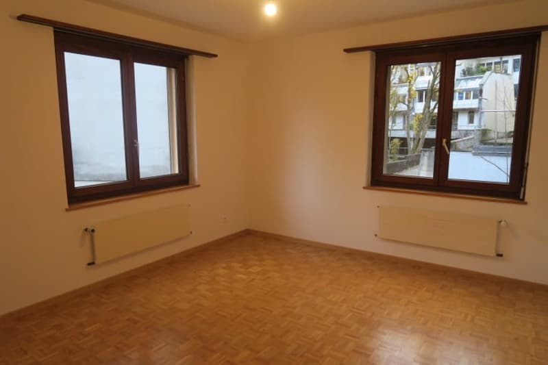 empty room with wooden floor, white walls, two large windows with brown frames, and two wall-mounted radiators