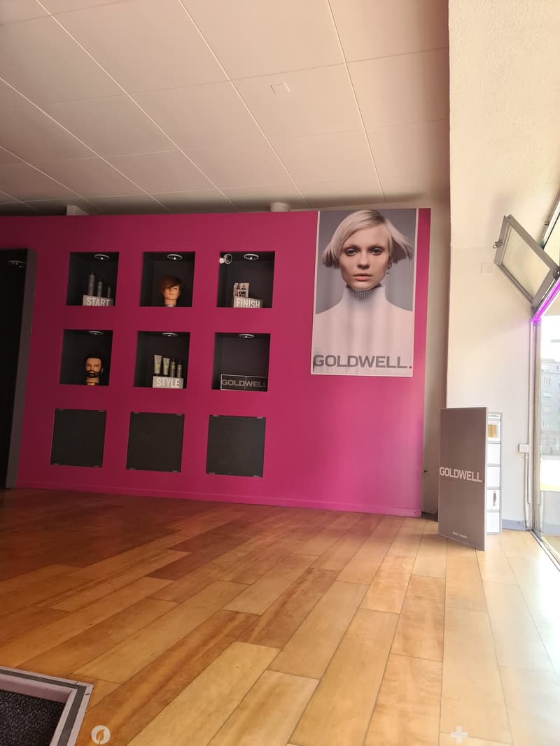 pink wall with display shelves, mannequin heads, goldwell poster, wooden floor, open door