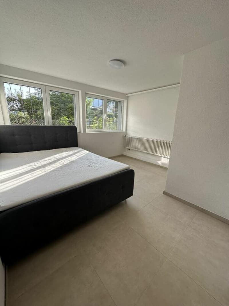 Empty bedroom with a bed, large windows, tiled floor, white walls, ceiling lamp, radiator