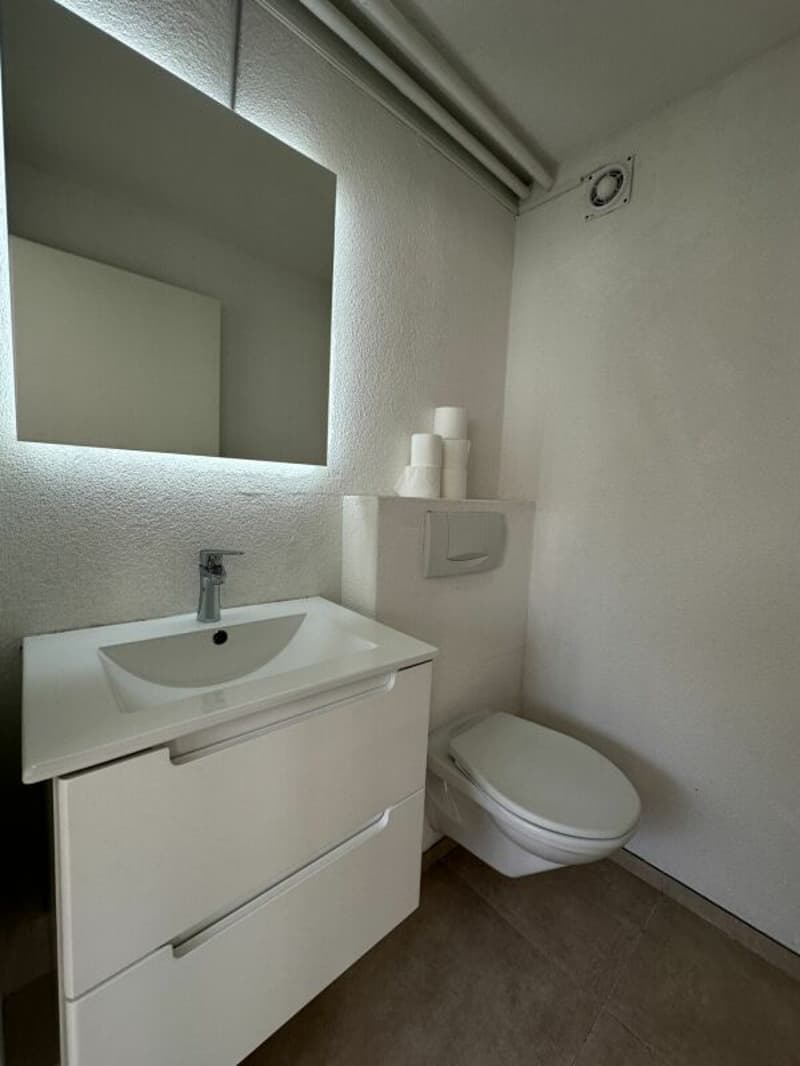 Bathroom with white sink, mirror, toilet, and tiled floor
