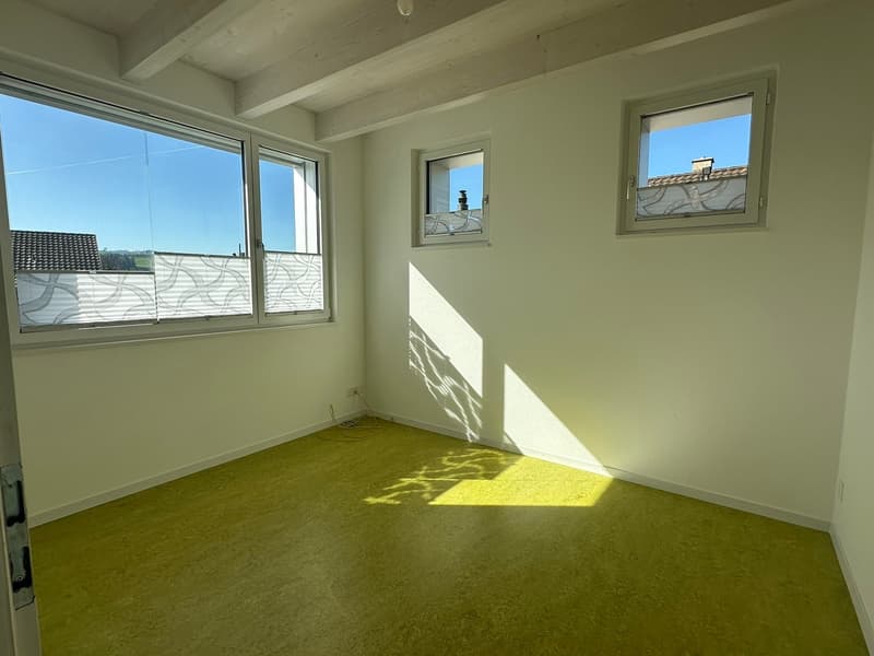 empty room, white walls, green floor, three windows, power outlet