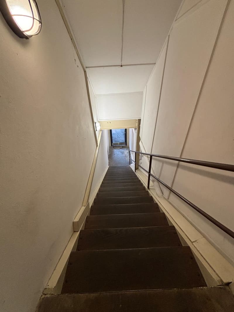 Staircase with wooden steps, metal handrail, and white walls.