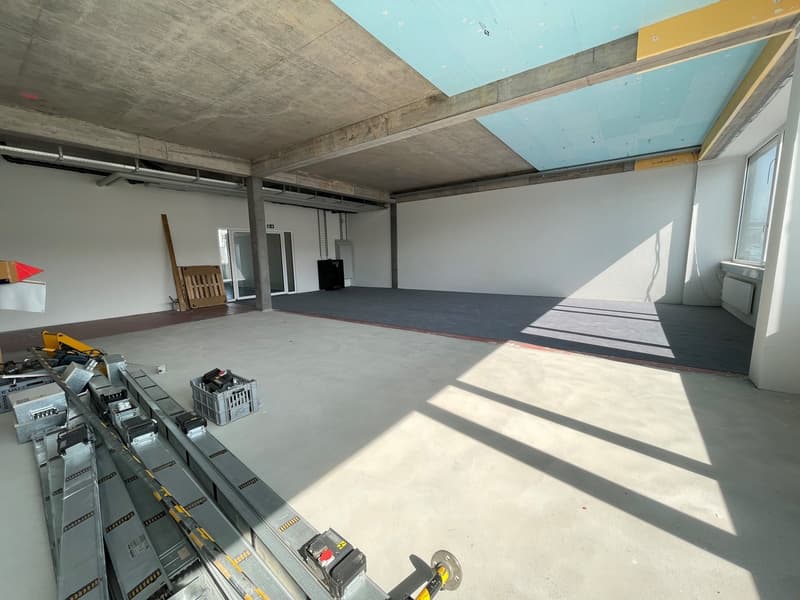 Empty room with white walls, concrete floor, glass doors, and a ceiling with blue panels