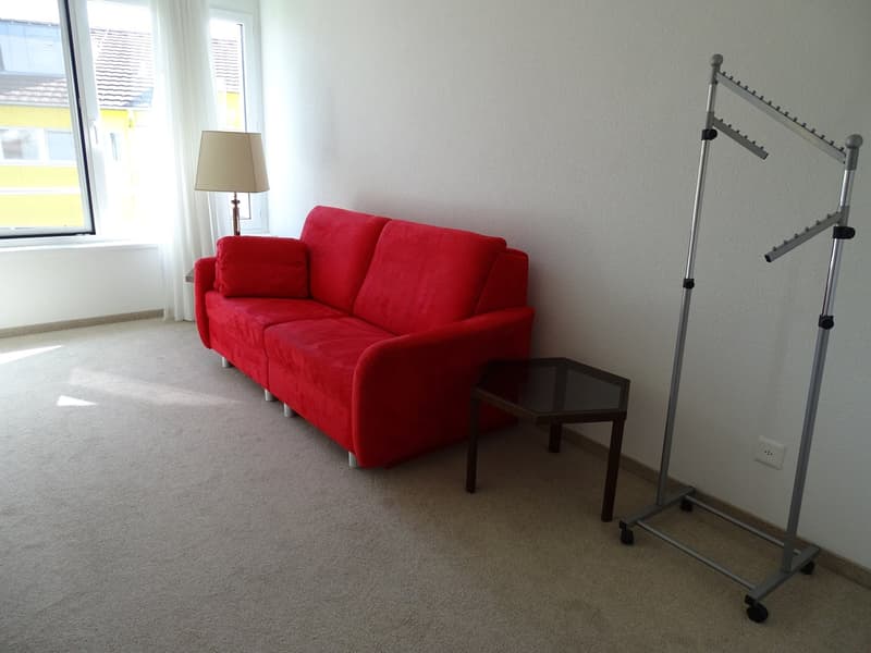 Carpeted living room with a red couch, lamp, side table, and coat rack.