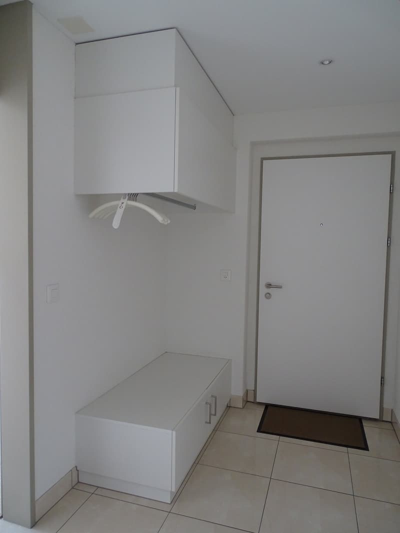 Empty room with white walls, floor, and cabinets. A hanging coat rack with a hanger is above the bench. A white door is on the right side of the room, and a rug is in front of it.