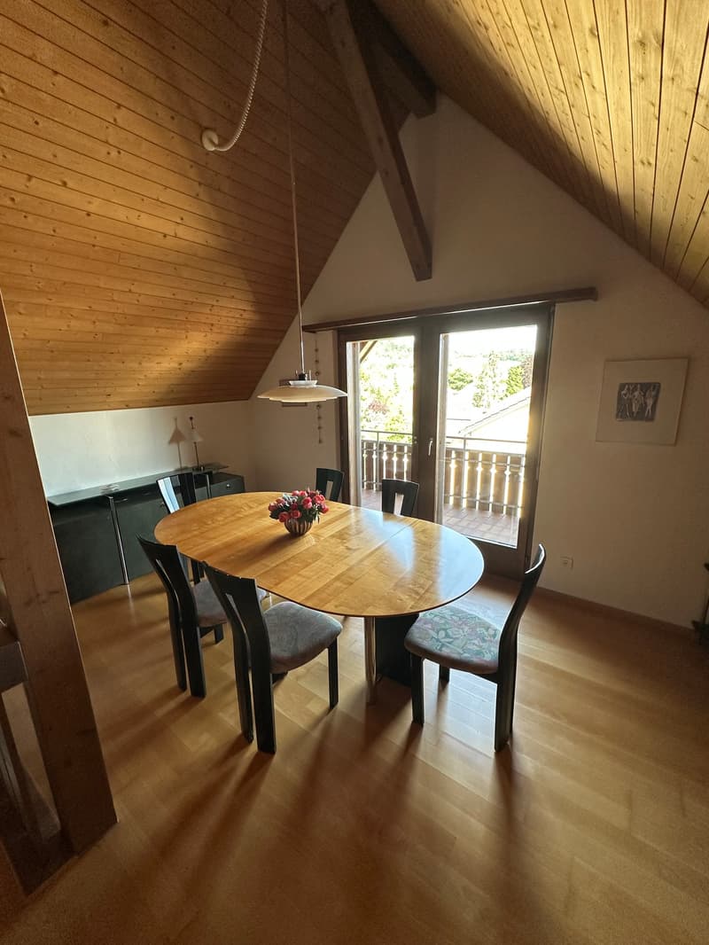 Wooden dining table with chairs, wooden walls and ceiling, large window with balcony access, pendant light fixture