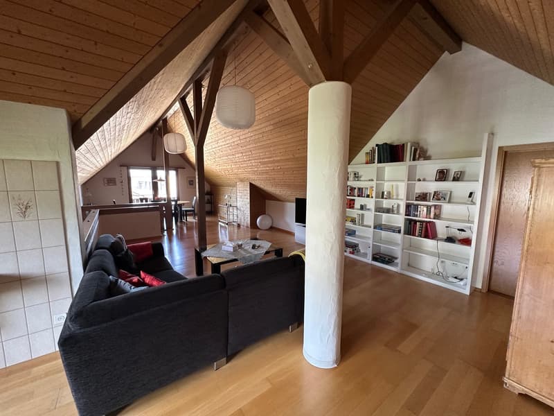 Spacious open-plan living area with high vaulted ceilings, exposed wooden beams, and a fireplace. The room features a large sofa, a coffee table, and a built-in bookshelf along the wall. The kitchen and dining area are visible in the background.