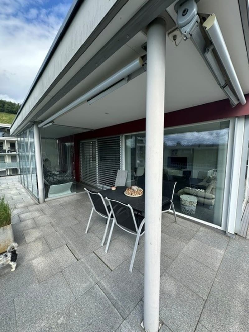Geschützter Terrassenteil mit Wintergarten (links)