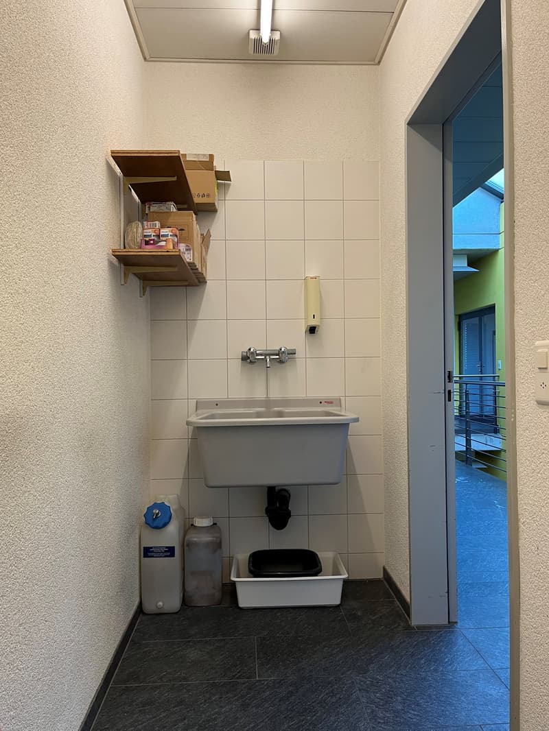 Tiled floor, white walls, utility sink, shelves with storage boxes, washing machine