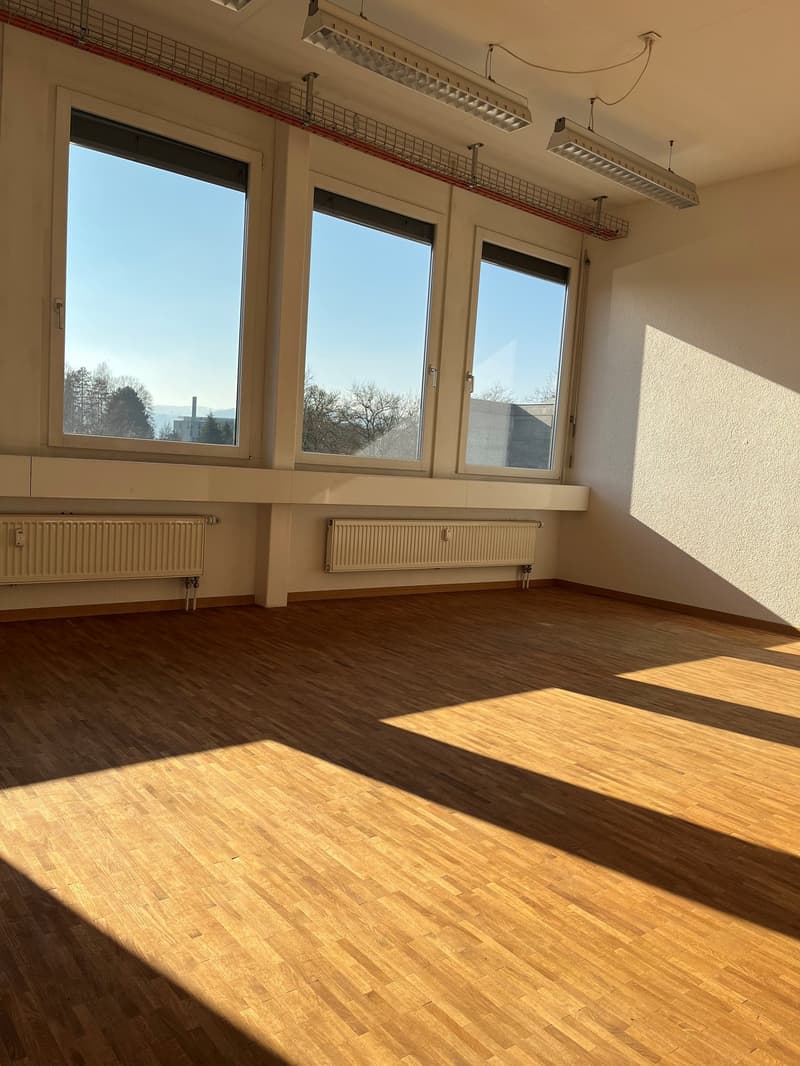This image shows a spacious room with large windows providing natural light. The room has hardwood flooring and white walls. There are ceiling-mounted lighting fixtures and radiators along the walls. The room appears to be empty, suggesting it may be a va