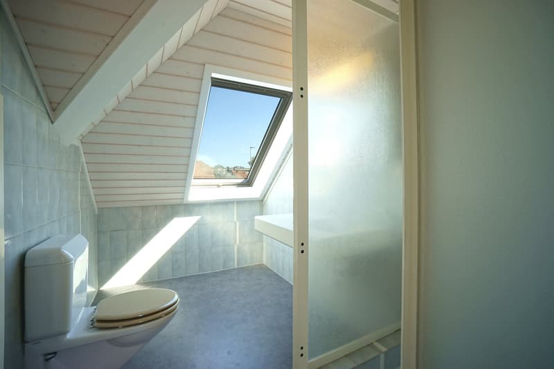 modern bathroom with toilet, window and shower, white walls, tiled floor