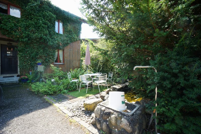 Outdoor table and chairs, rocks, fountain, plants and trees