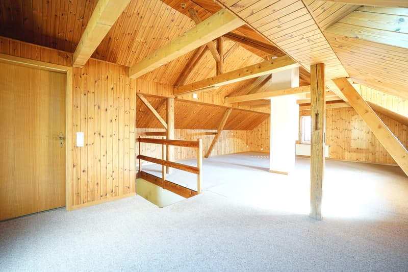 wooden walls, wooden ceiling, wooden beams, wooden floor, wooden railing