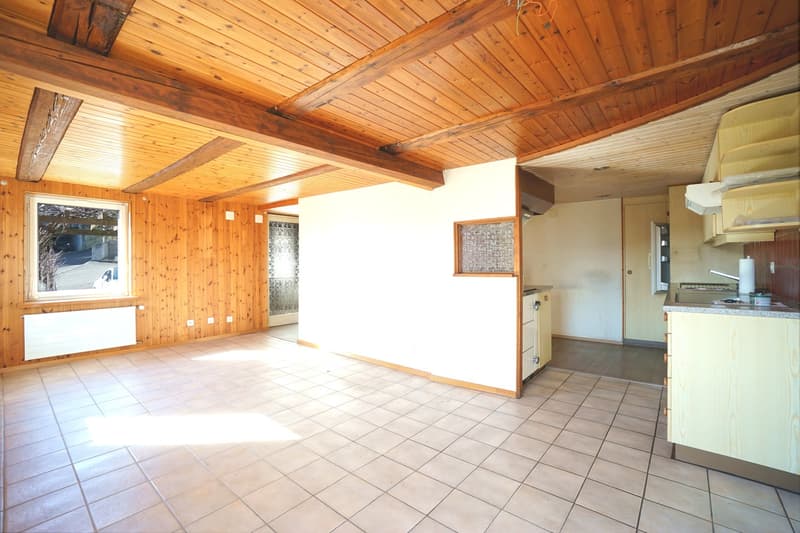 empty room, wooden ceiling, tiled floor, white wall, kitchen area with cabinets and countertop