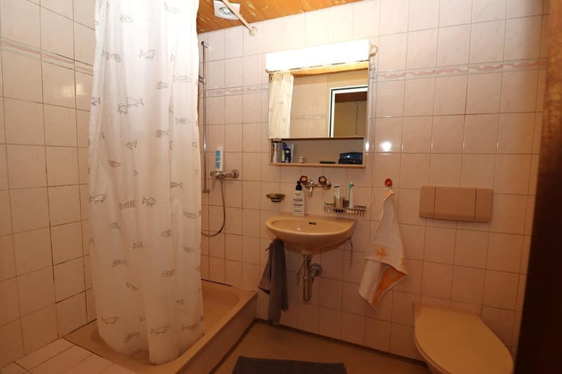 Tiled bathroom with a shower curtain, sink, mirror, and shelving above the sink. The bathroom has a wooden ceiling and appears to be in a rustic or cabin-like setting.