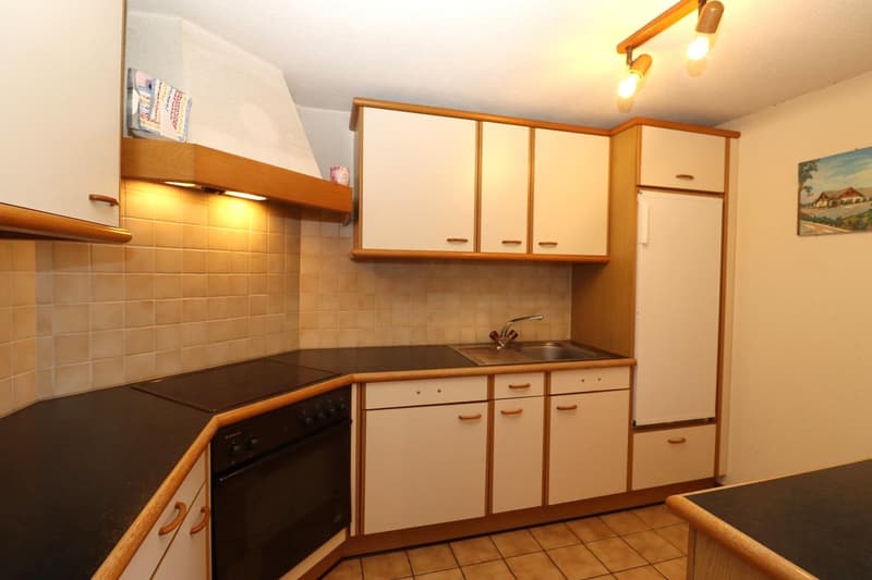 Fully equipped kitchen with wooden cabinets, tile backsplash, black countertops, and built-in appliances including a dishwasher.
